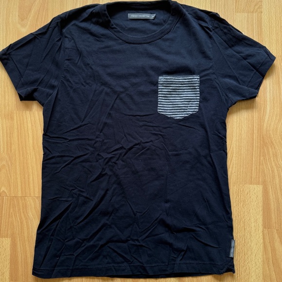 French Connection Navy T-Shirt with Striped Pocket - Picture 1 of 3